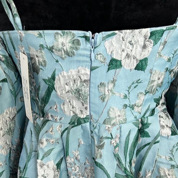 Ina - Aqua Blue Elegant Floral Puff Sleeve Dress - M - NWT - Picture 6 of 10
